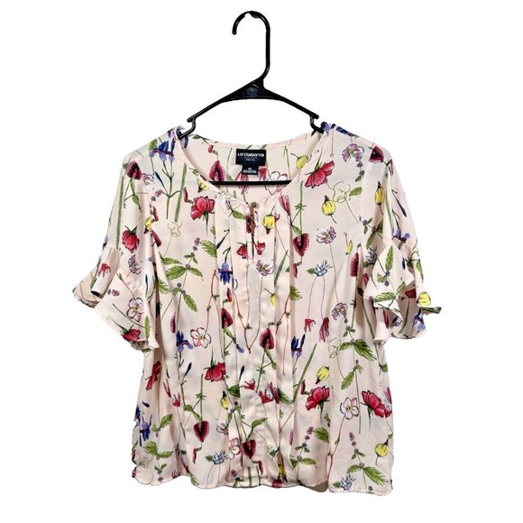 Liz Claiborne Women's Blouse Pink Floral Print Short Flutter Sleeves Size PS - Picture 3 of 6